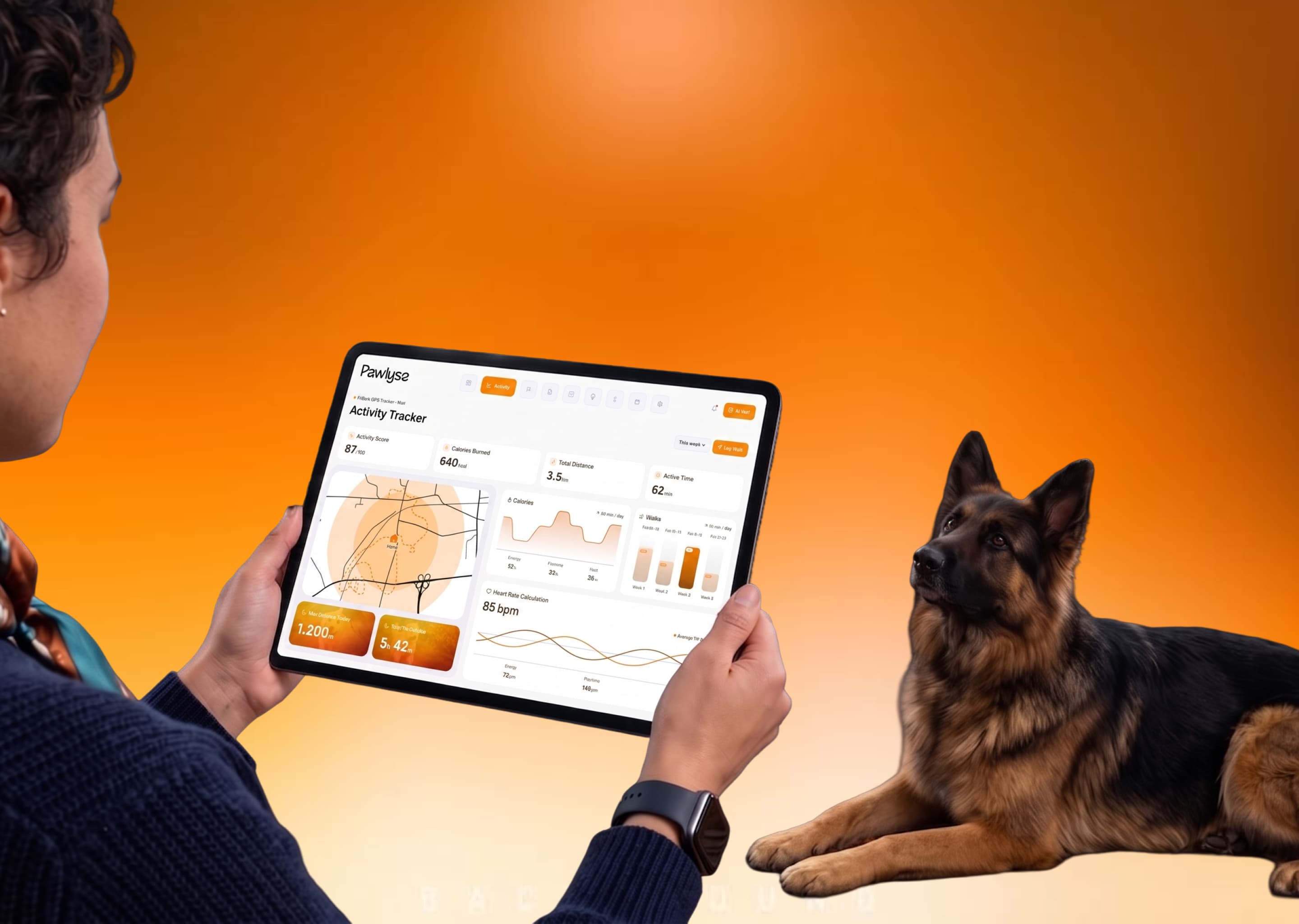 A German shepherd resting beside its owner, who is reading the dog’s activity patterns on a tablet