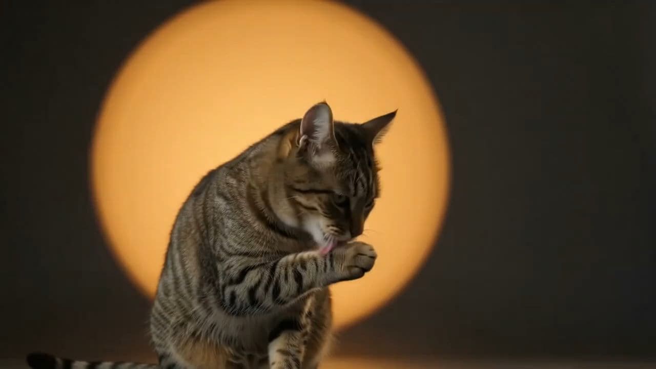 A tabby cat grooming itself, lit by a warm orange light