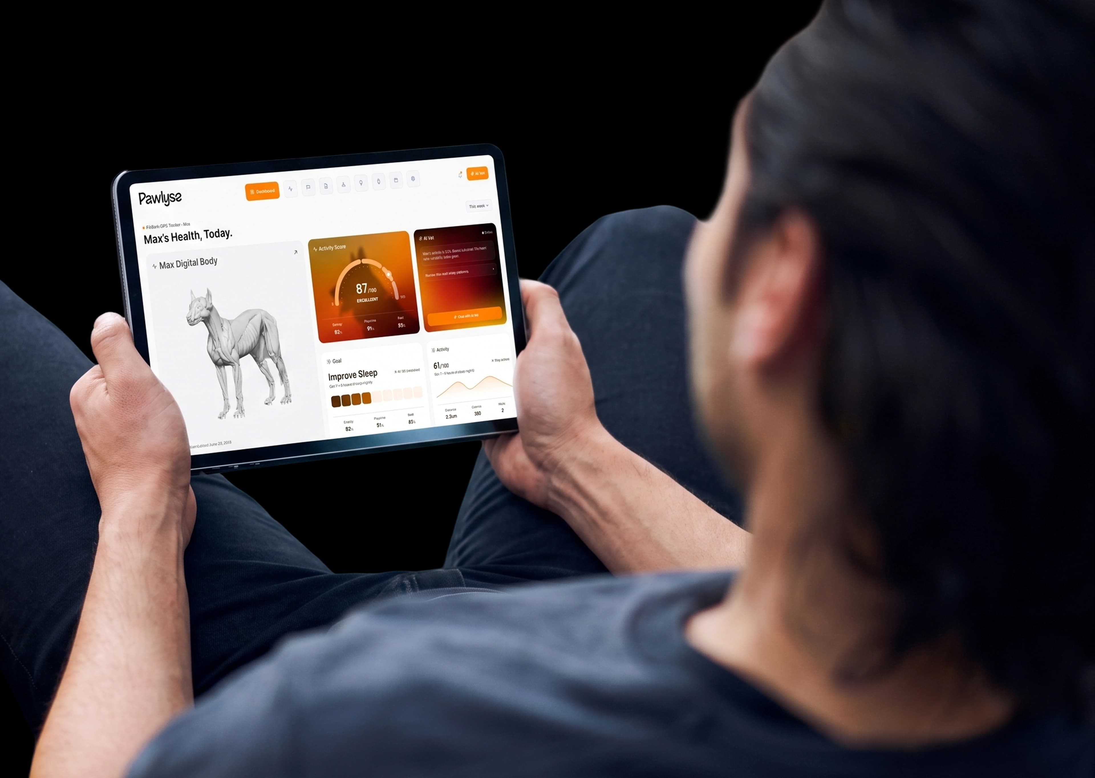 A person reading their pet’s health dashboard on a tablet